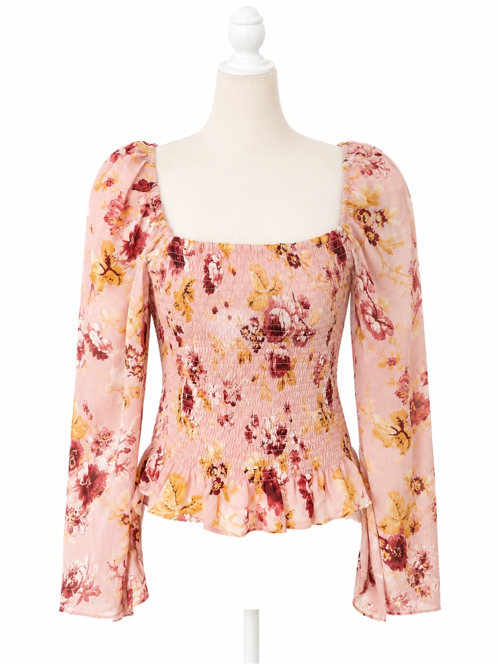Express Women’s Pink Floral Smocked Peplum Blouse Puff Sleeve Top Size Medium